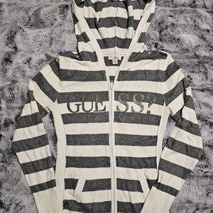 Guess Grey & White Striped Zipper Hoodie